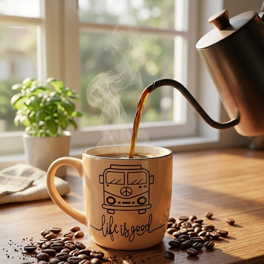 Steaming coffee being poured into a mug with 'life is good' and a bus design, surrounded by coffee beans on a wooden surface.