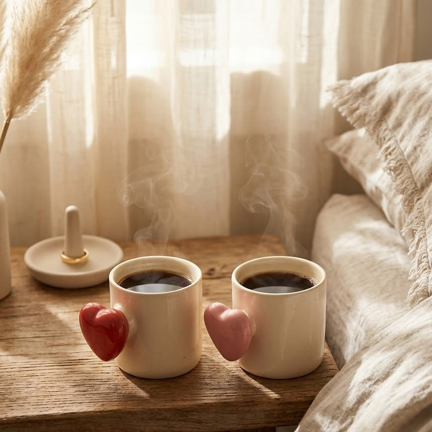 Two steaming coffee cups on a wooden table next to a bed with soft lighting.