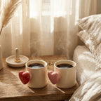 Two steaming coffee cups on a wooden table next to a bed with soft lighting.