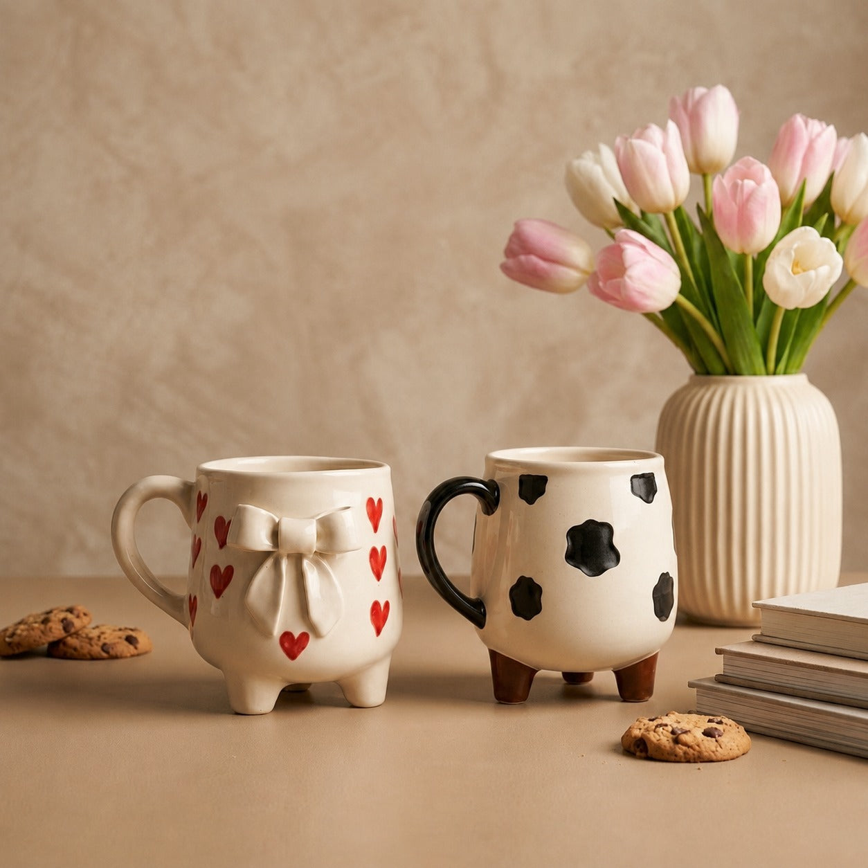 Two ceramic mugs with decorative designs, a vase of tulips, and cookies on a beige surface.