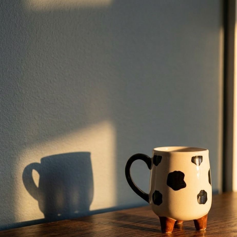 Ceramic mug with black spots on a wooden surface with a light blue wall background
