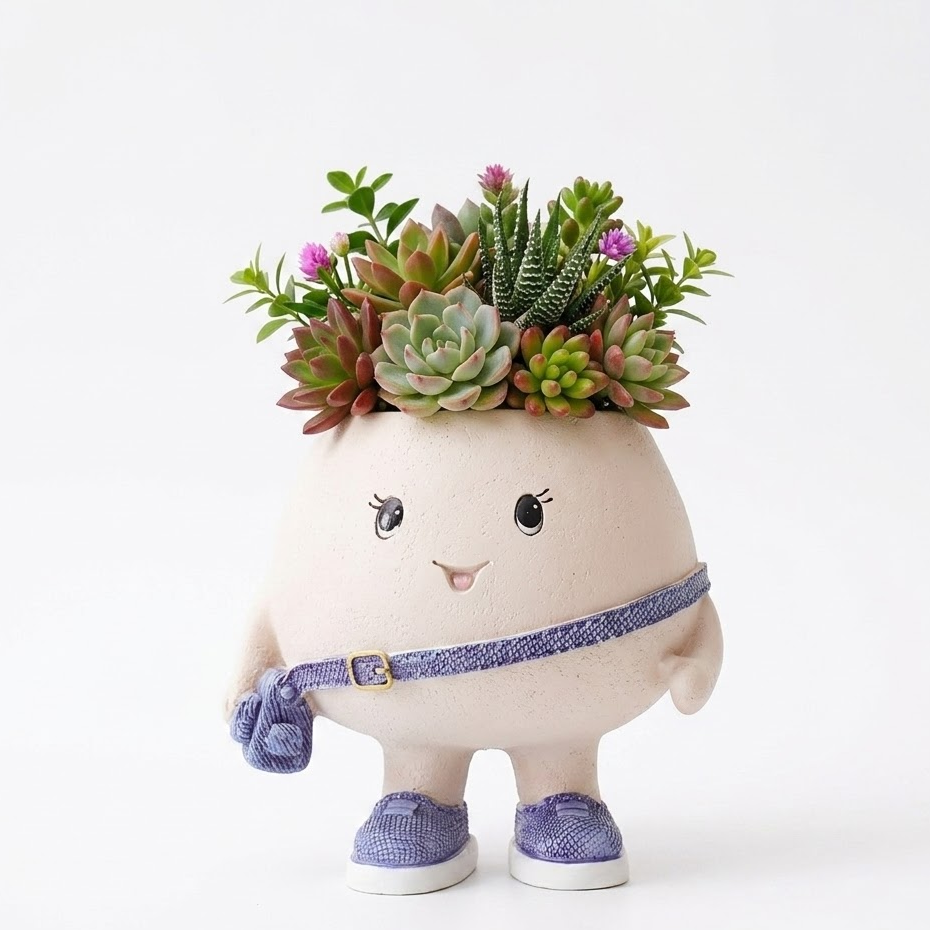 Plush toy with a face, wearing shoes and a belt, holding a pot of succulents on a white background