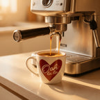 Espresso machine pouring coffee into a cup with a heart design on a countertop.
