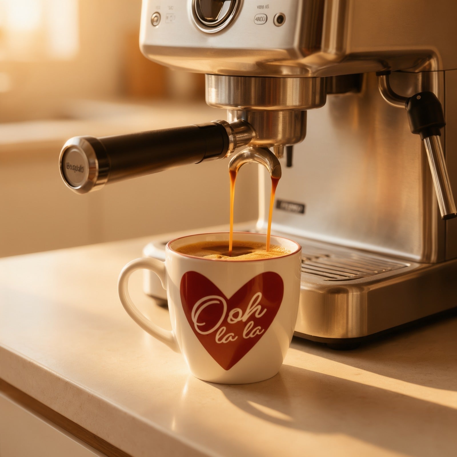 Espresso machine pouring coffee into a cup with a heart design on a countertop.