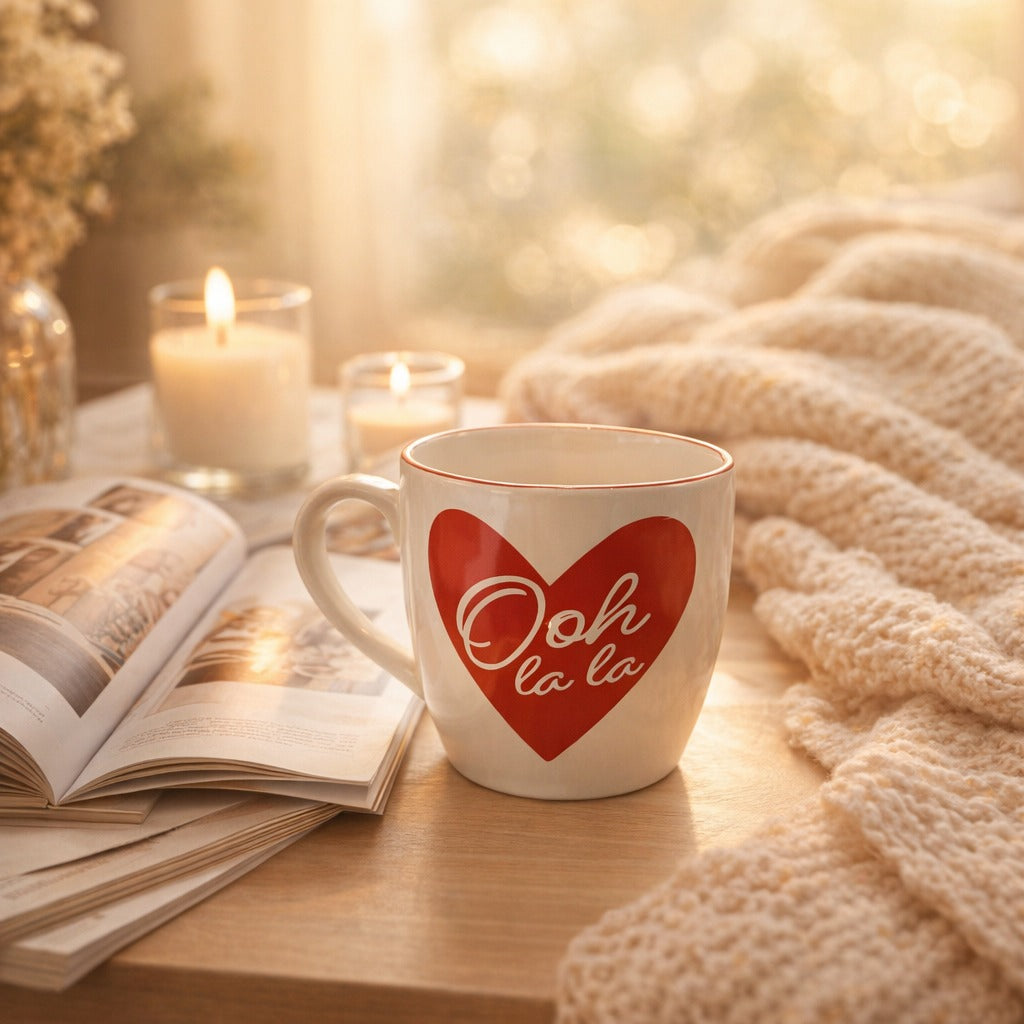 White mug with red heart and 'Ooh la la' text on a wooden table with candles and an open book.