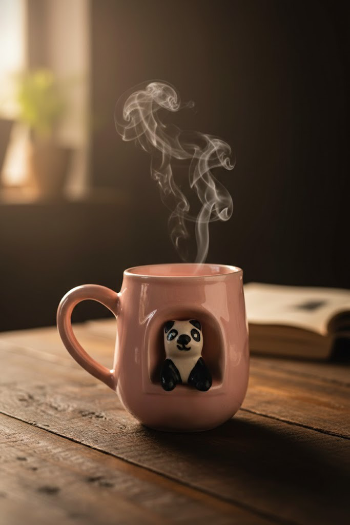 Pink mug with panda design on a wooden surface with steam rising from it.