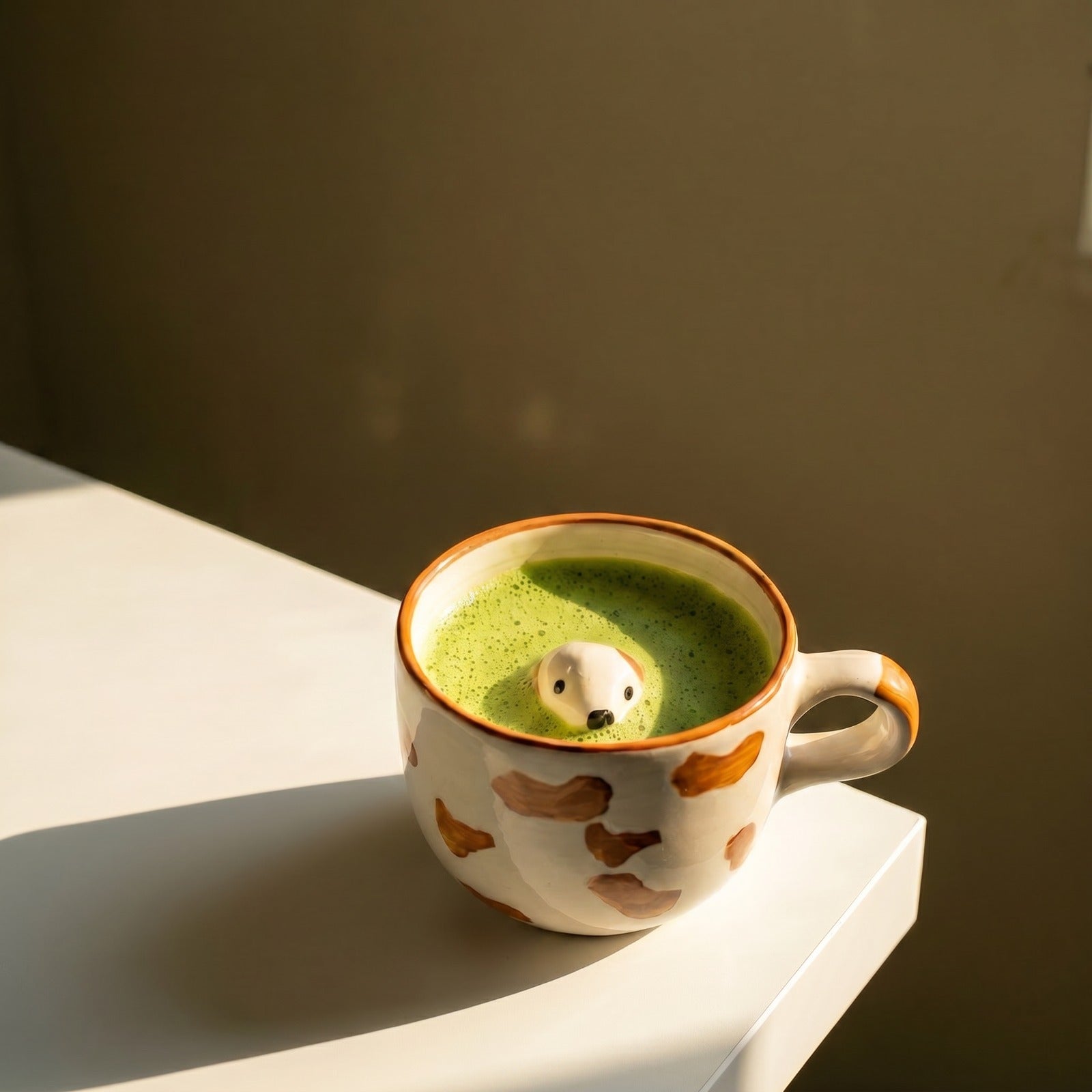 Ceramic mug with a dog design filled with green liquid on a white surface.