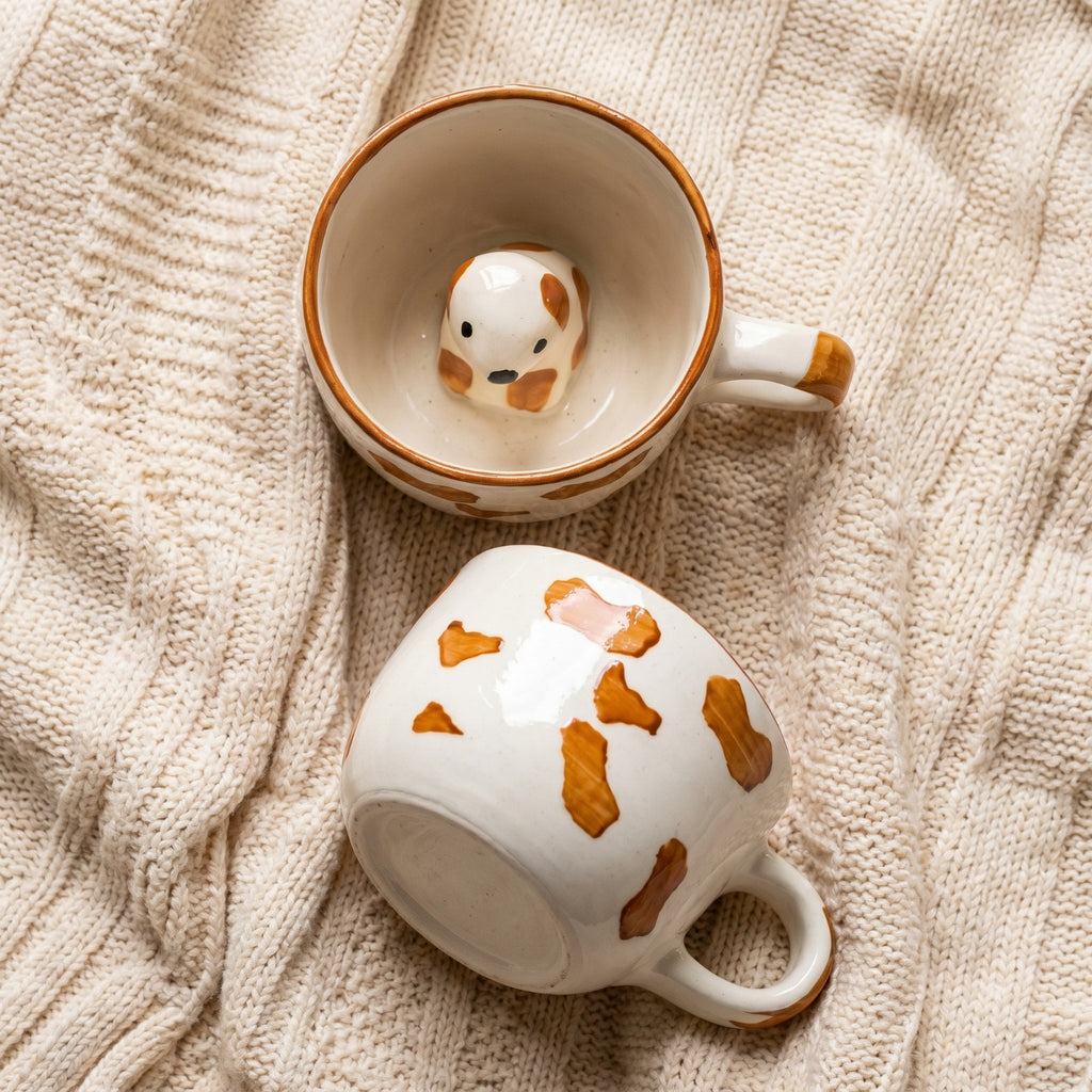 Two ceramic mugs with dog designs on a textured beige surface