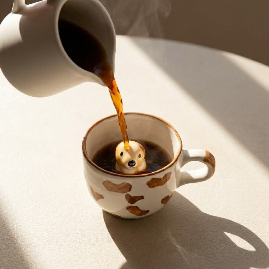 White ceramic cup with brown paw prints being filled with coffee, featuring a small dog-shaped object下沉.