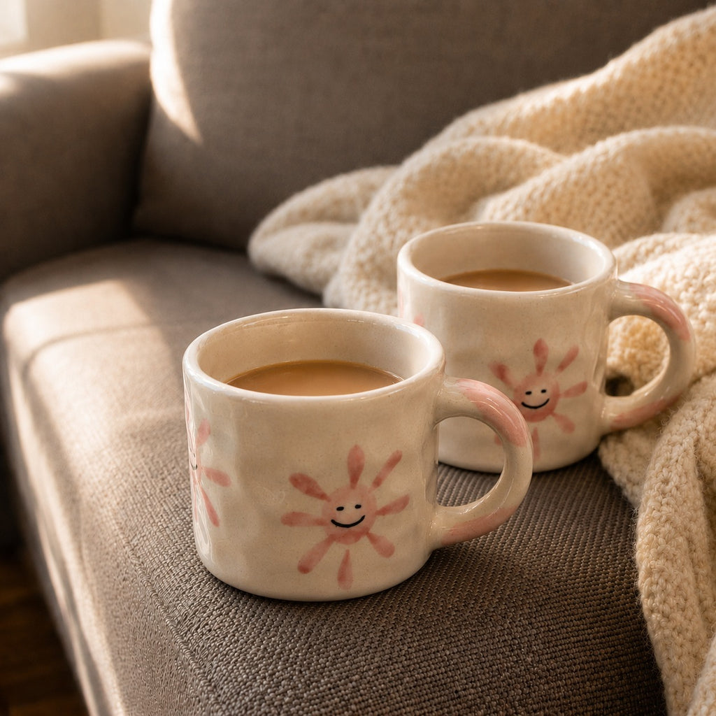 Two mugs with sun designs on a couch
