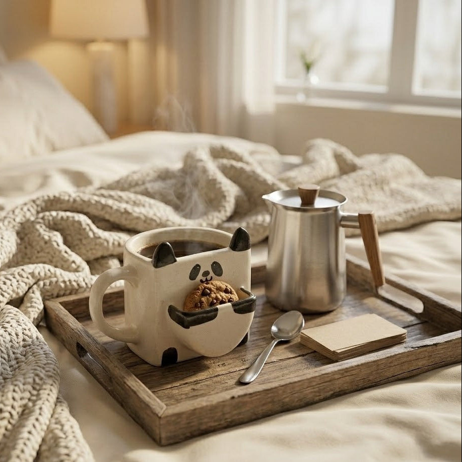 Ceramic mug with panda design on a wooden tray with coffee and snacks, set on a bed.