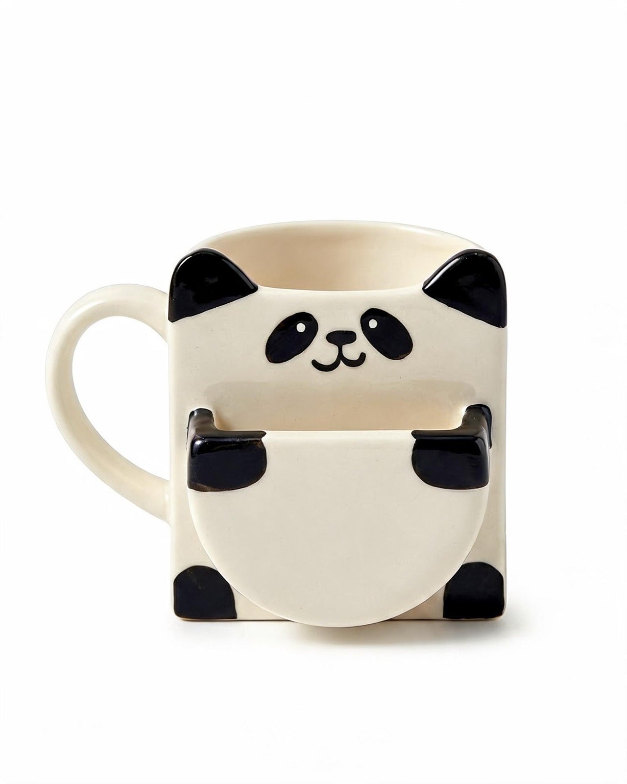 A square ceramic mug with a handle, featuring a 3D panda design that pops out from the front. The mug is off-white/cream with black accents for the panda's ears, eyes, nose, and paws, set against a plain white background.