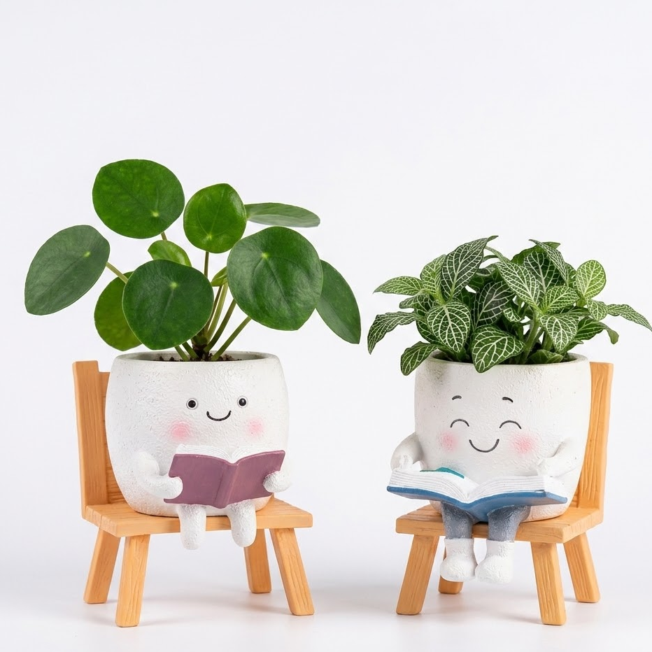 Two decorative planters with smiling faces sitting on small wooden chairs, reading books.