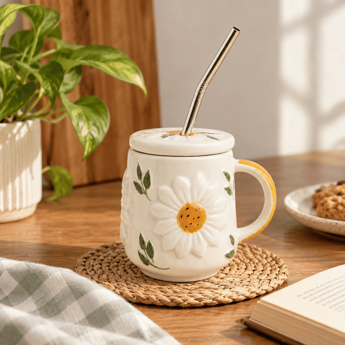 Daisy Bloom Lid Mug with Straw