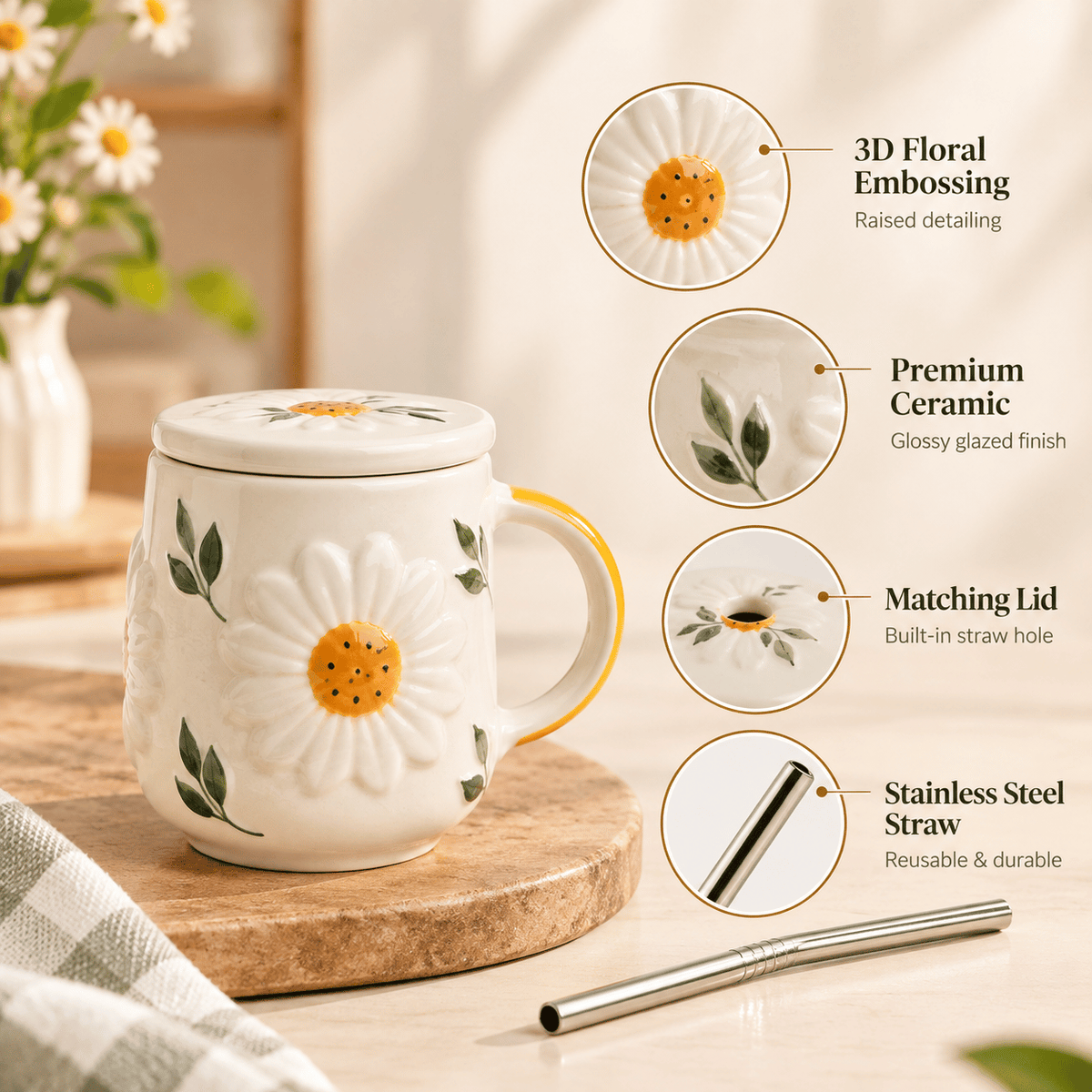Daisy Bloom Lid Mug with Straw