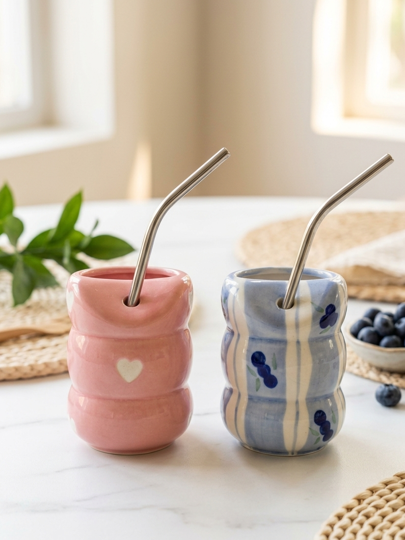 Two ceramic cups with metal straws 