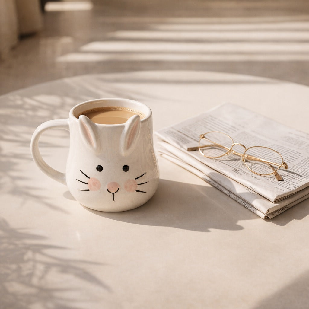 Cat-shaped mug with coffee on a table next to glasses and a book