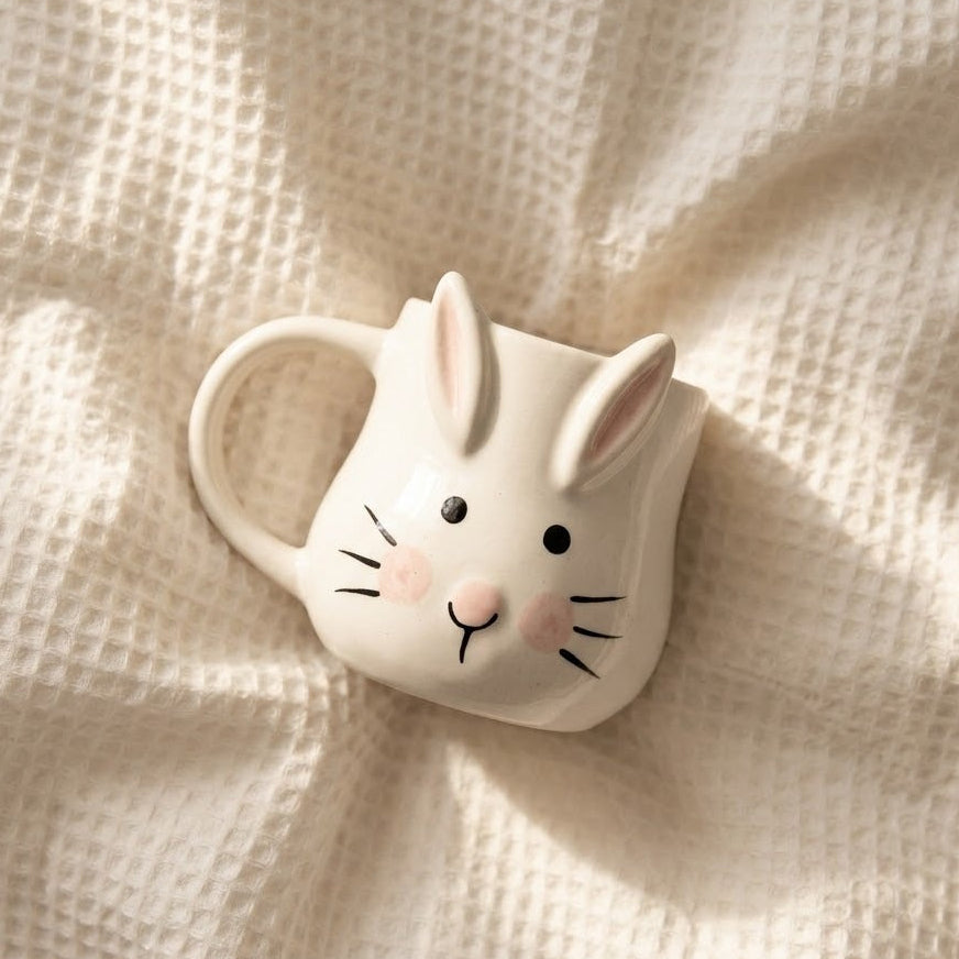 Ceramic mug shaped like a rabbit face on a textured beige surface