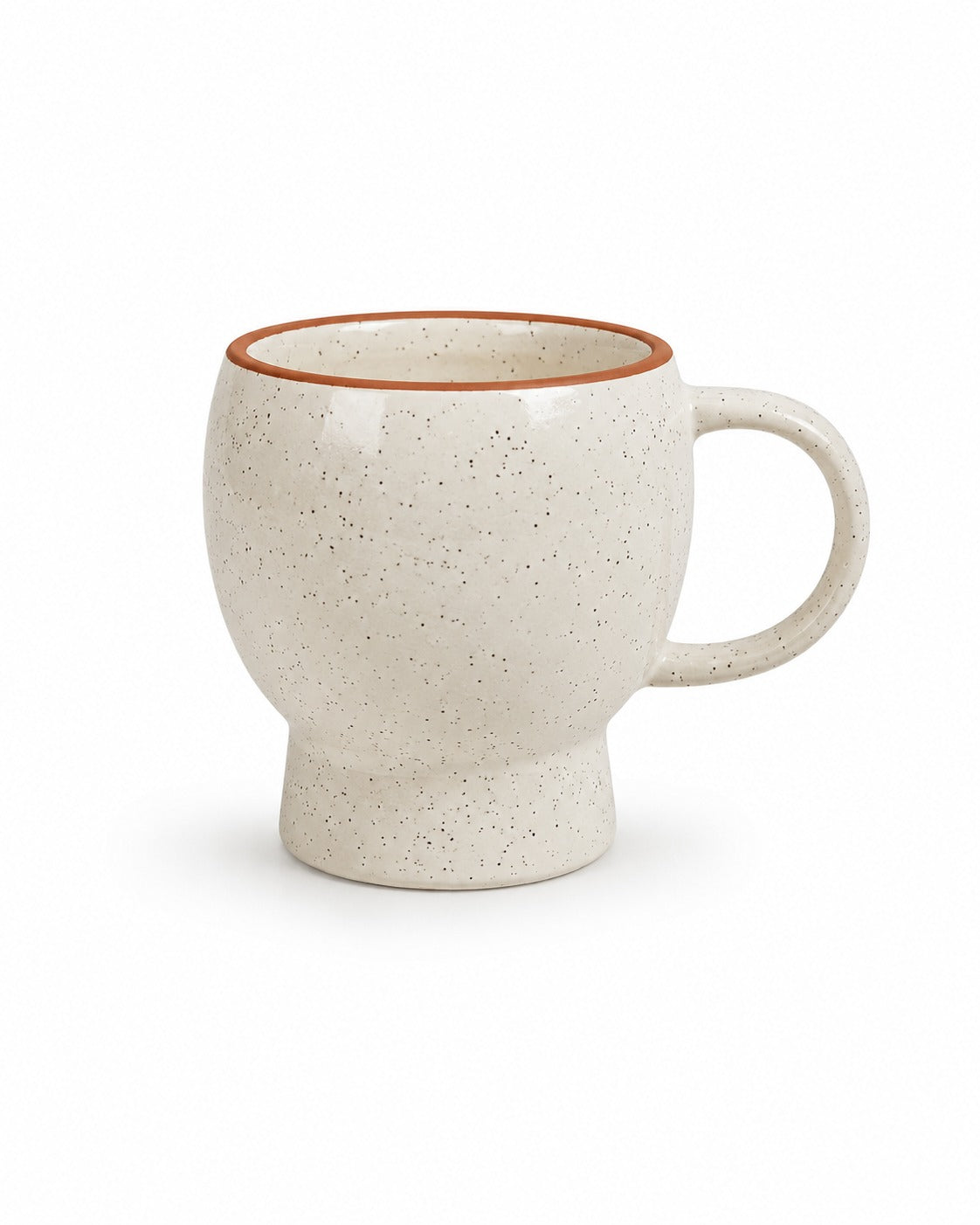 A speckled ceramic mug with a rounded body, a small pedestal base, and a C-shaped handle, shown on a plain white background.