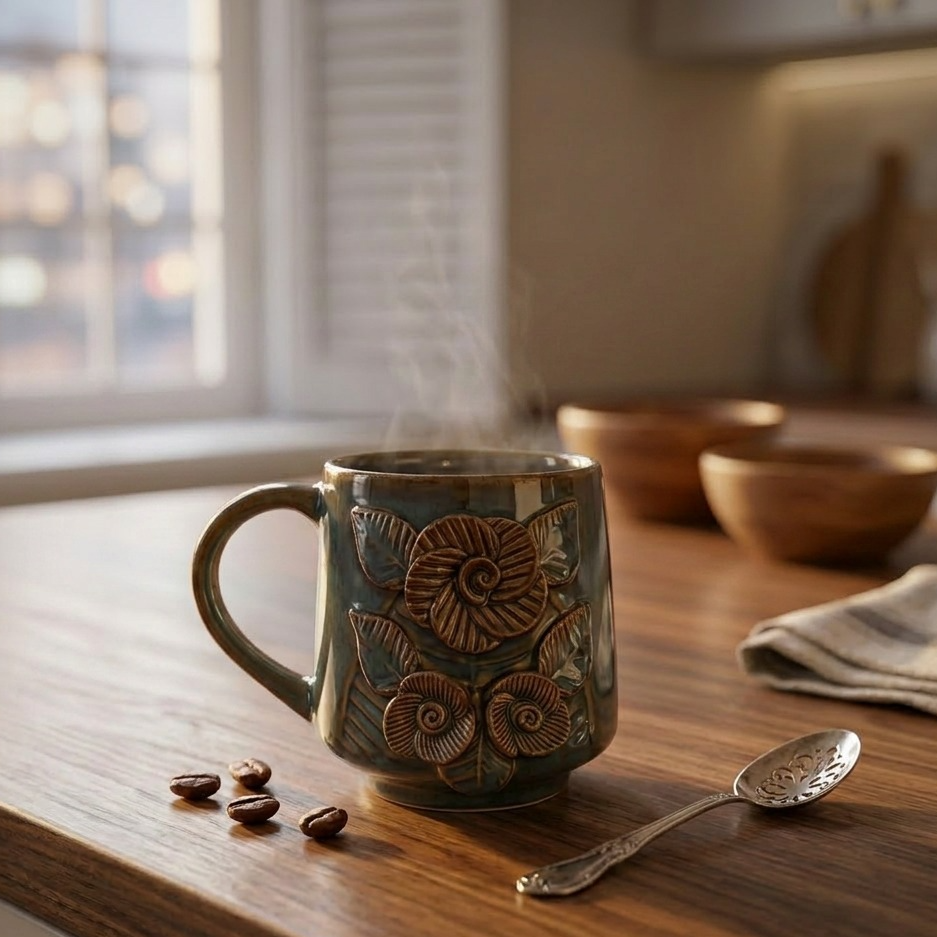 Decorative ceramic mug with floral patterns on a wooden surface with coffee beans and a spoon.