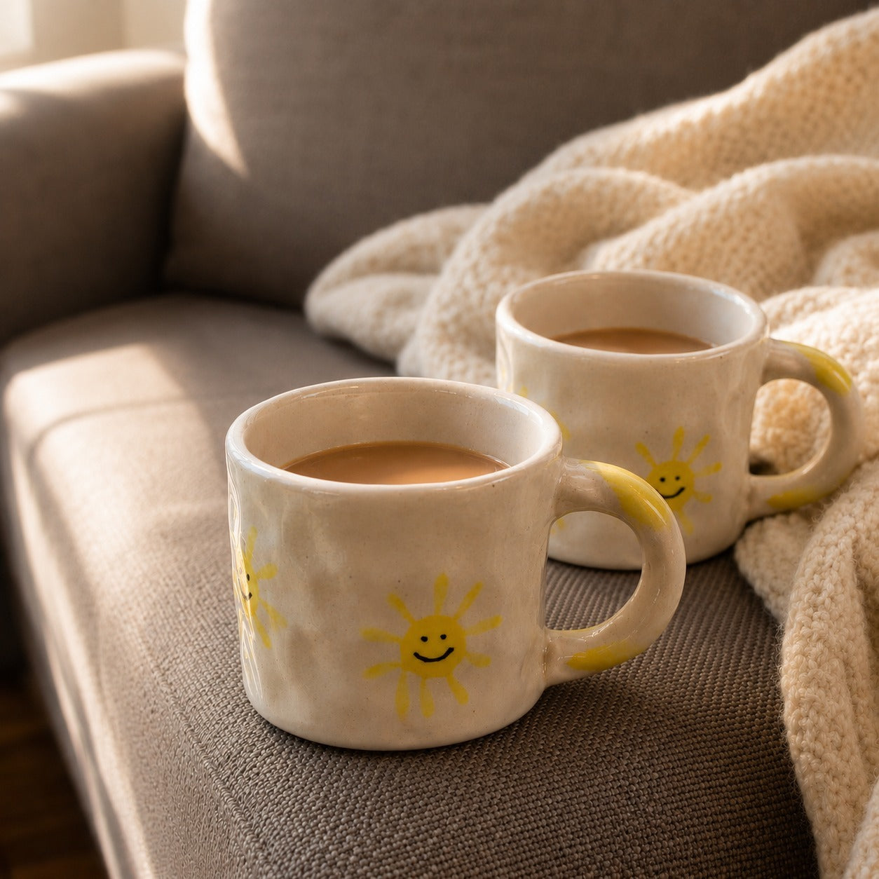 Two mugs with sun designs on a couch, filled with a warm beverage.